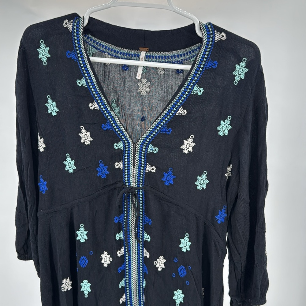Free People Stargazer Black and Blue Mini Dress embroidered lightweight boho M - Picture 7 of 13